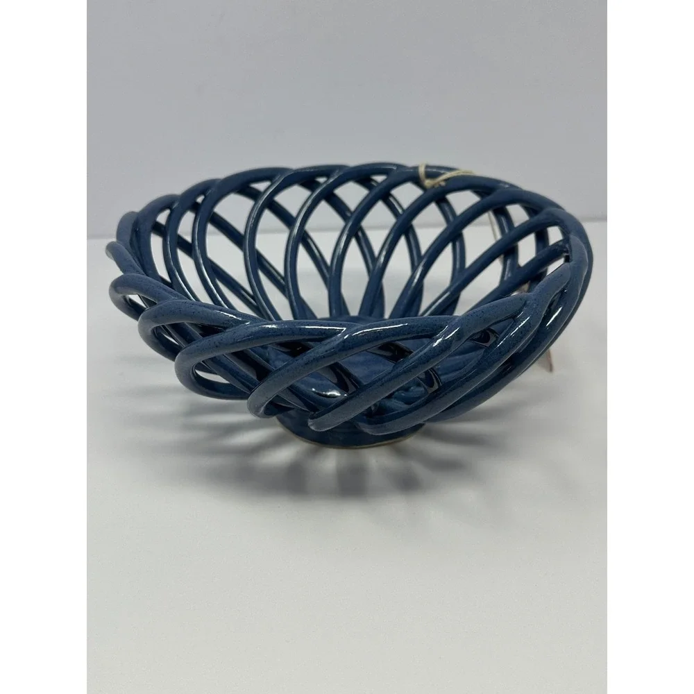 Vintage NEW Blue Eucalyptus Stoneware Woven Bread Warming Basket Made In USA
